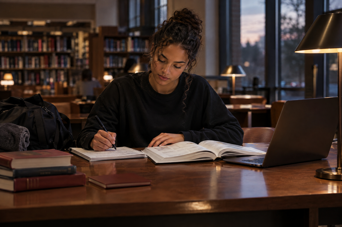 Adult student studying with a textbook, handwritten notes and laptop, with a gym bag nearby
