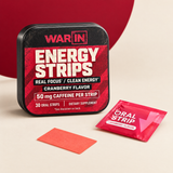 Warin cranberry energy strips tin, packet and unwrapped coral strip