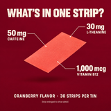 One strip: 50 mg caffeine, 30 mg L-theanine and 1,000 mcg vitamin B12